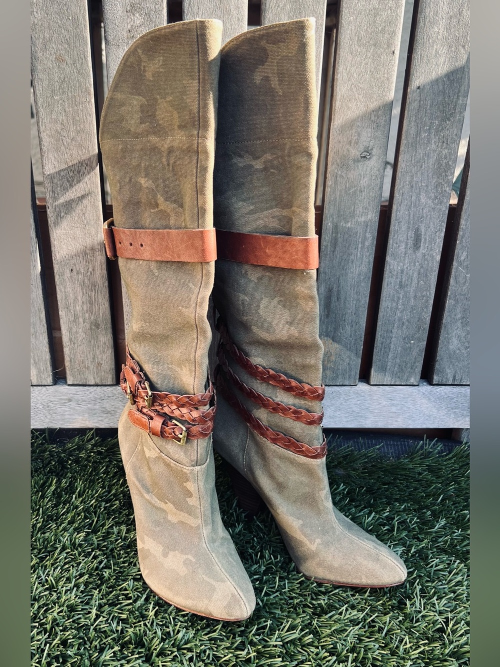 CAMOUFLAGE BOOTS W/ CARMEL LEATHER STRAPS